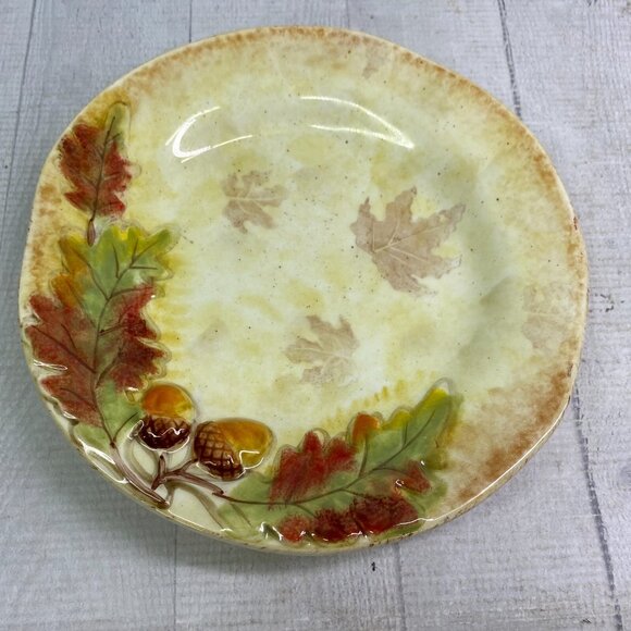 Gibson Elite SIMPLY NATURE Handpainted Embossed Leaves Nuts Salad Plates Set 4 - Picture 4 of 16